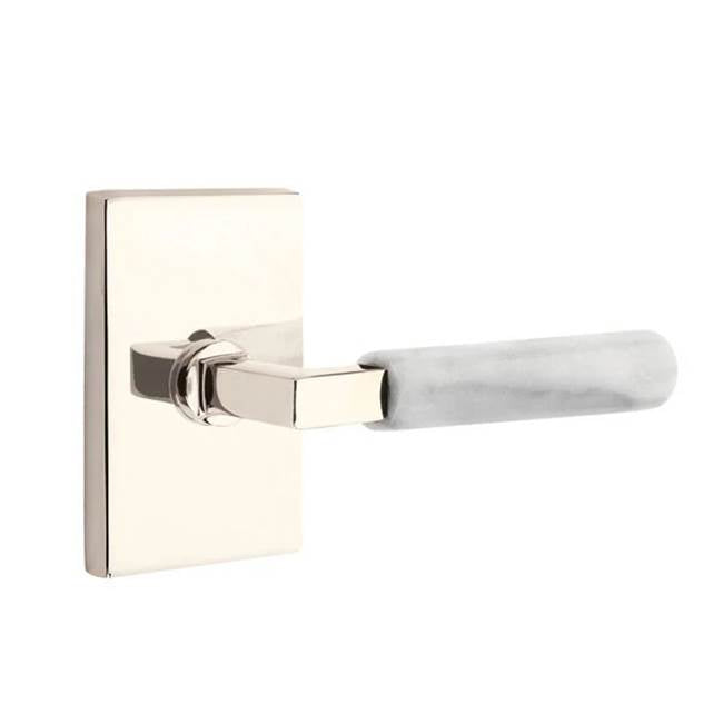Emtek - Passage, Modern Rectangular Rosette US14, L-Square Stem US14, White Marble Handle, LH - Polished Nickel