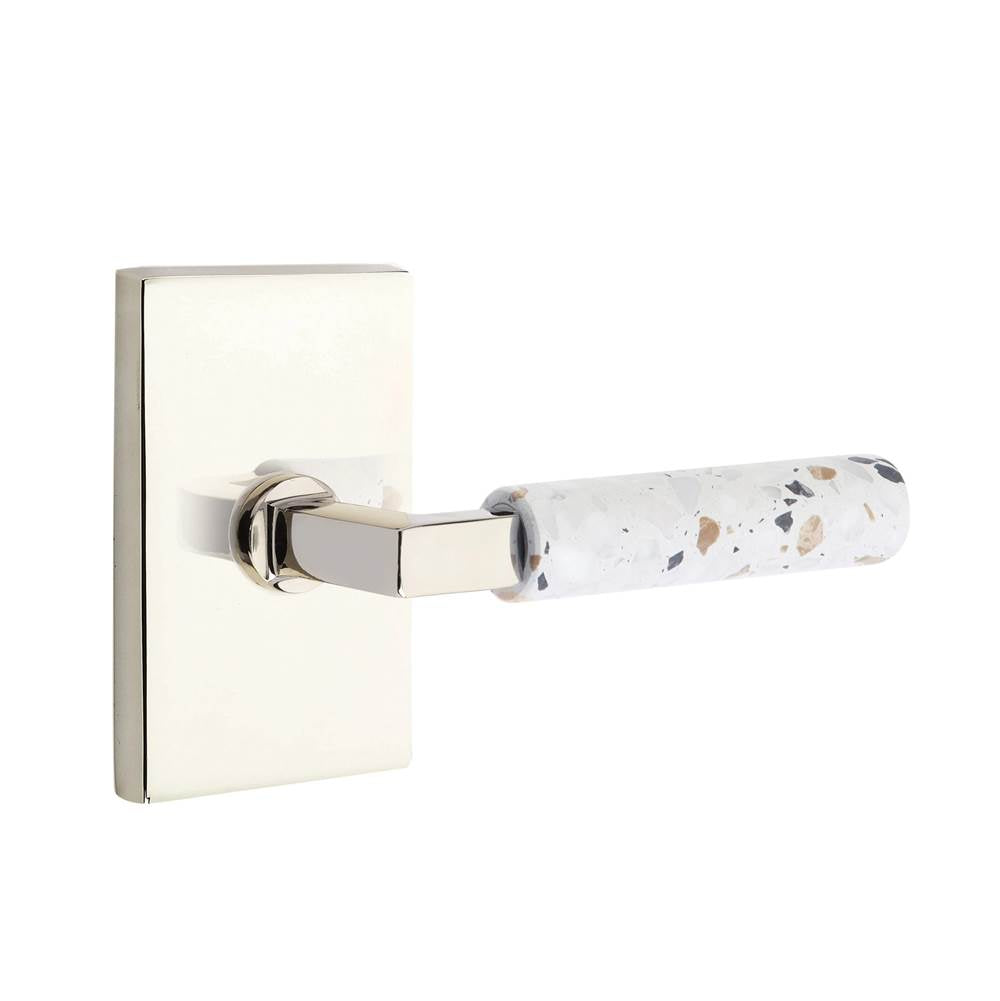 Emtek - Select Privacy, Modern Rectangular Rosette US14, L-Square Stem US14, Light Terrazzo Handle, RH - Polished Nickel