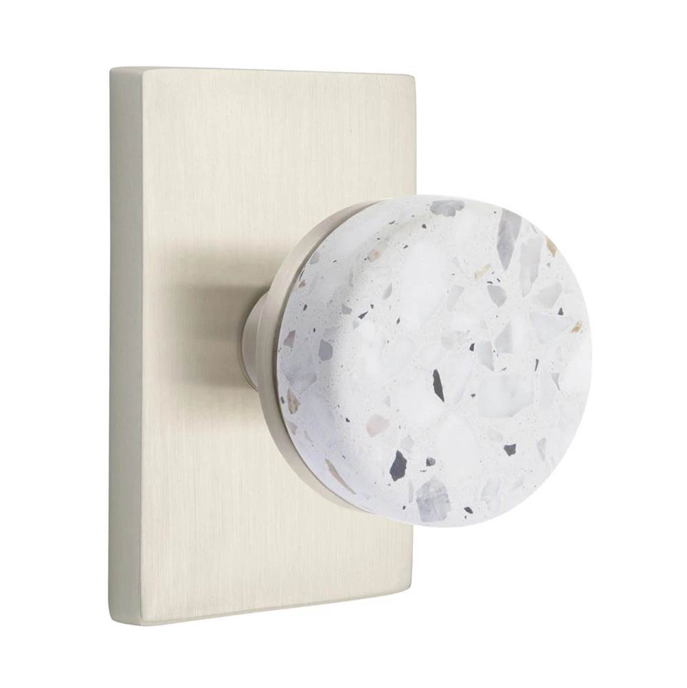 Emtek - Select Passage, Modern Rectangular Rosette US15, Conical Stem US15, Light Terrazzo Knob - Satin Nickel
