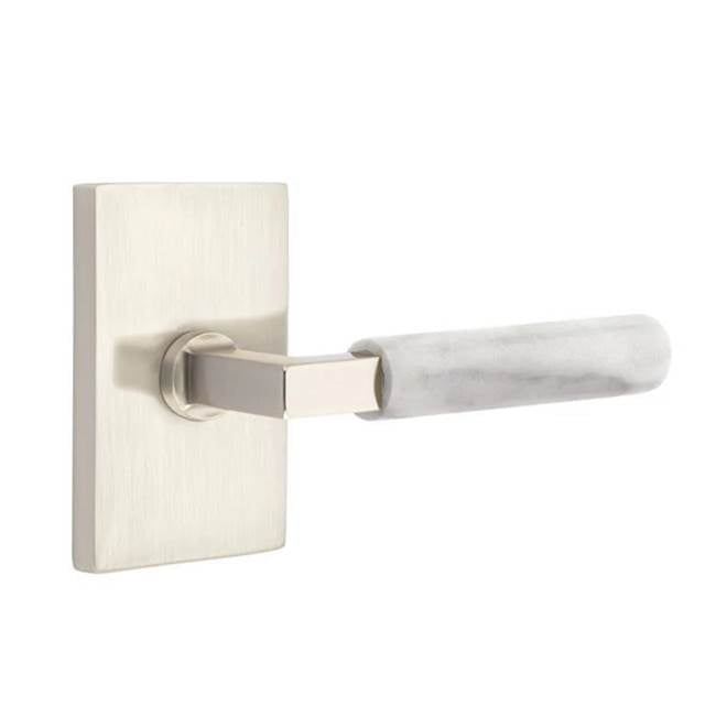 Emtek - Privacy, Modern Rectangular Rosette US15, L-Square Stem US15, White Marble Handle, RH - Satin Nickel