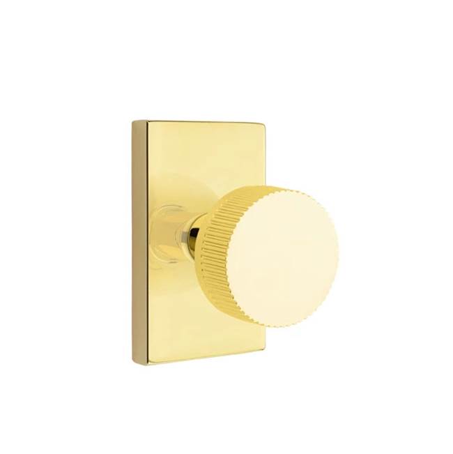 Emtek - Concealed Fastener Passage, Modern Rectangular Rosette US3NL, Conical Stem US3NL, Straight Knurled Knob US3NL - Unlacquered Brass