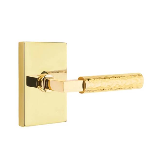 Emtek - Privacy, Modern Rectangular Rosette US3NL, L-Square Stem US3NL, Hammered Handle US3NL RH - Unlacquered Brass