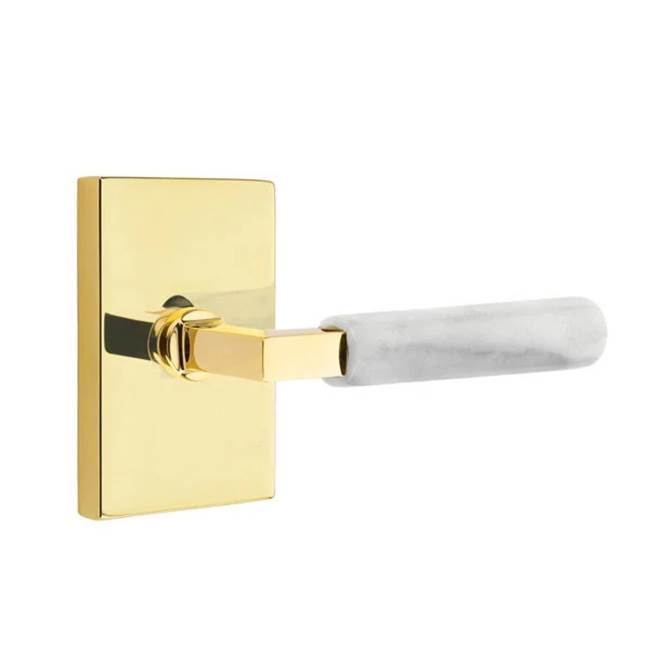 Emtek - Passage, Modern Rectangular Rosette US3NL, L-Square Stem US3NL, White Marble Handle, LH - Unlacquered Brass
