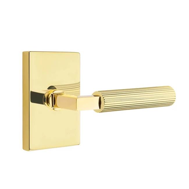 Emtek - Passage, Modern Rectangular Rosette US3NL, L-Square Stem US3NL, Straight Knurled Handle US3NL RH - Unlacquered Brass