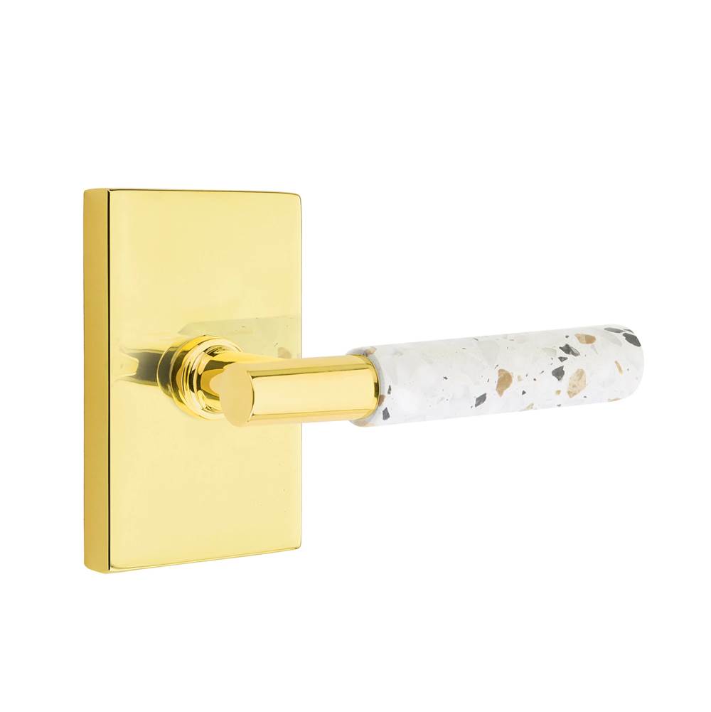 Emtek - Select Privacy, Modern Rectangular Rosette US3NL, T-Bar Stem US3NL, Light Terrazzo Handle, RH - Unlacquered Brass