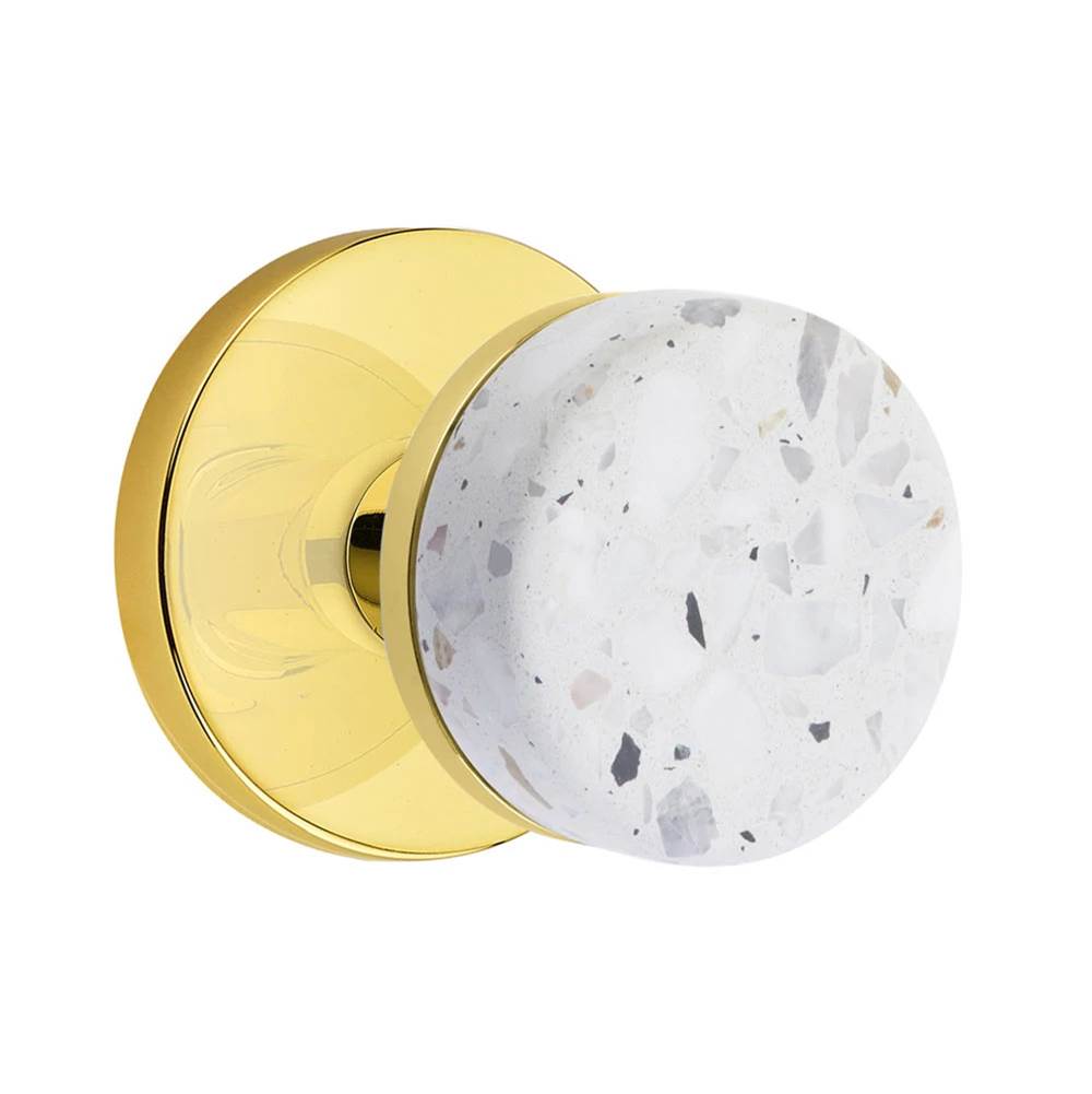 Emtek - Select Privacy, Disk Rosette US3NL, Conical Stem US3NL, Light Terrazzo Knob - Unlacquered Brass