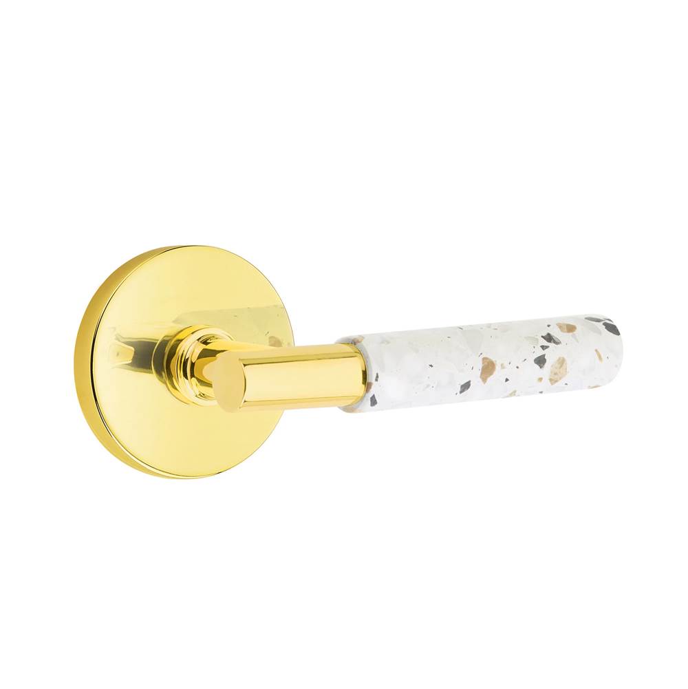 Emtek - Select Privacy, Disk Rosette US3NL, T-Bar Stem US3NL, Light Terrazzo Handle, RH - Unlacquered Brass