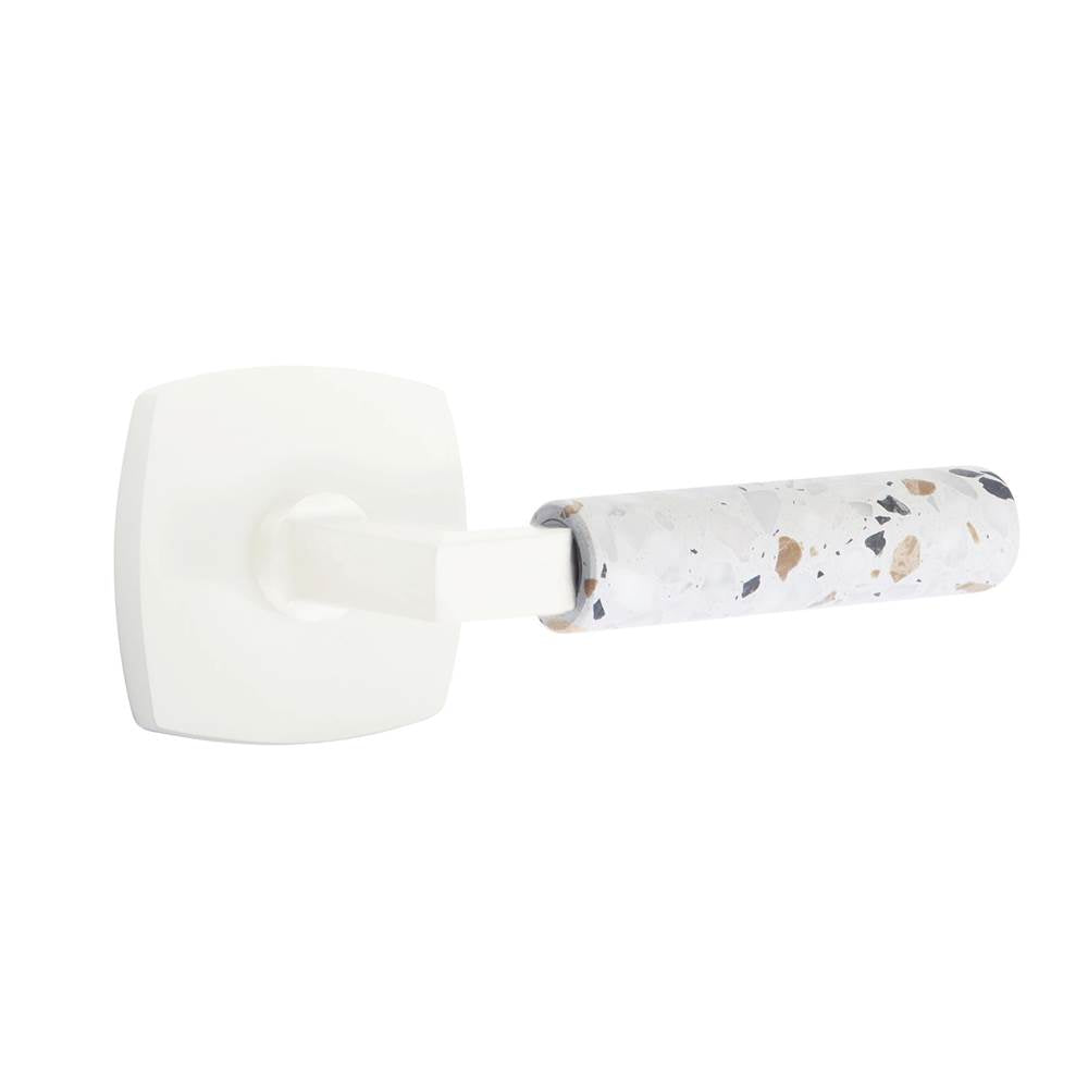 Emtek - Select Privacy, Urban Modern Rosette Matte White, L-Square Stem Matte White, Light Terrazzo Handle, RH - Matte White