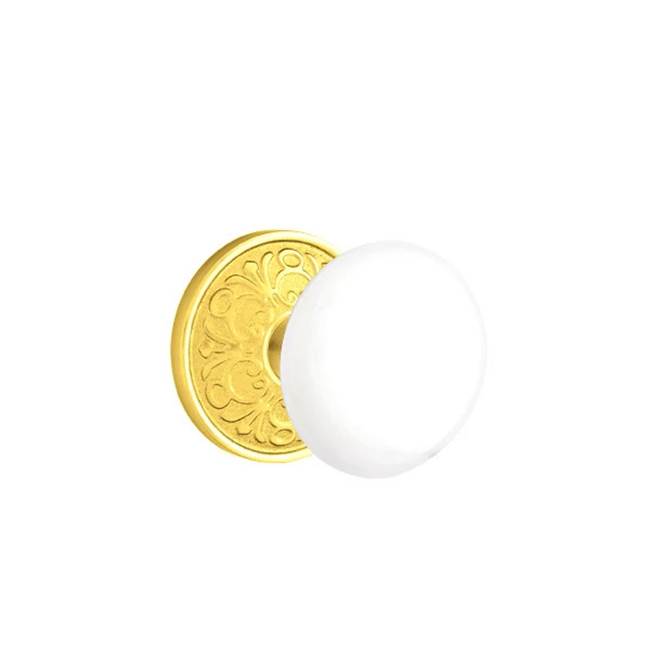 Emtek - Concealed, Privacy, Lancaster Rosette, Ice White Knob, US3 - Polished Brass