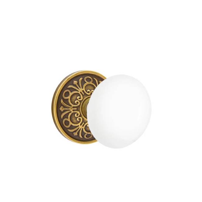 Emtek - Concealed, Privacy, Lancaster Rosette, Ice White Knob, US7 - French Antique