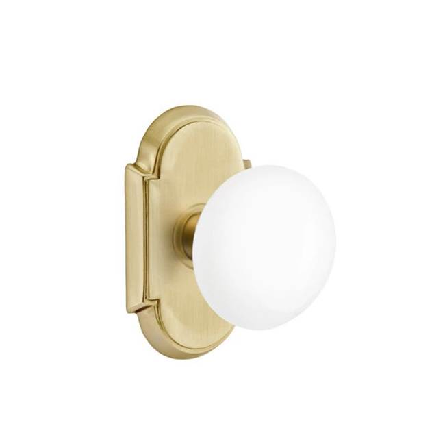 Emtek - Concealed Fastener Passage, No.8 Rosette, Ice White Porcelain Knob, US4 - Satin Brass