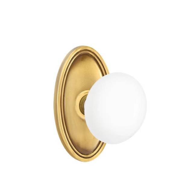 Emtek - Concealed, Privacy, Oval Rosette, Ice White Knob, US7 - French Antique