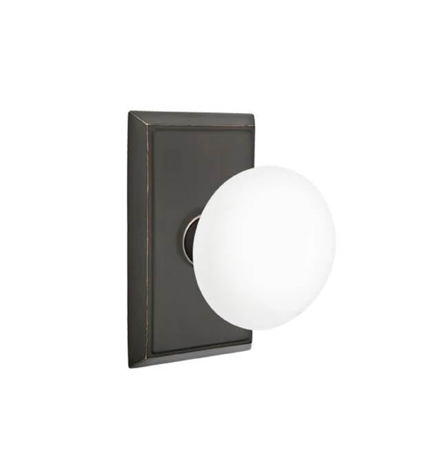 Emtek - Concealed, Privacy, Rectangular Rosette, Ice White Knob, US10B - Oil Rubbed Bronze