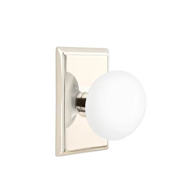 Emtek - Concealed Fastener Privacy, Rectangular Rosette, Ice White Porcelain Knob, US14 - Polished Nickel