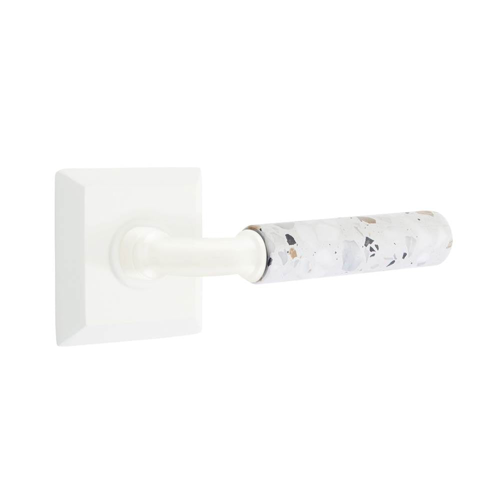 Emtek - Select Passage, Quincy Rosette Matte White, R-Bar Stem Matte White, Light Terrazzo Handle, RH - Matte White