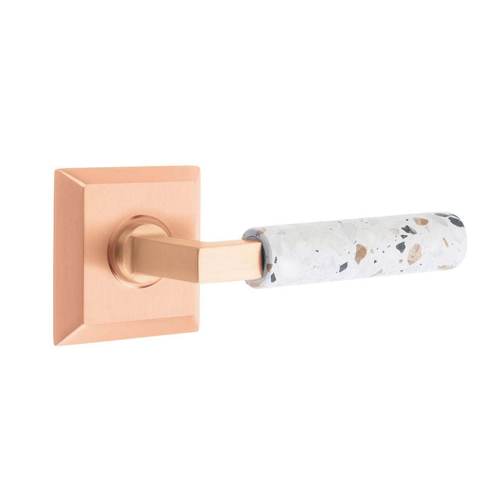 Emtek - Select Dummy, Quincy Rosette Satin Rose Gold, L-Square Stem Satin Rose Gold, Light Terrazzo Handle - Satin Rose Gold