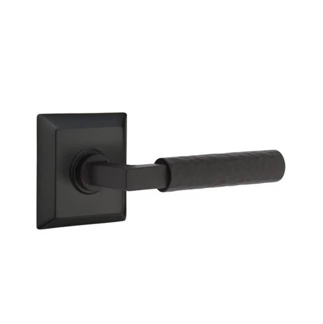 Emtek - Privacy, Quincy Rosette US19, L-Square Stem US19, Hammered Handle US19 RH - Flat Black