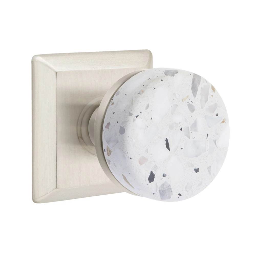 Emtek - Concealed Fastener, Select Privacy, Quincy Rosette US15, Conical Stem US15, Light Terrazzo Knob - Satin Nickel