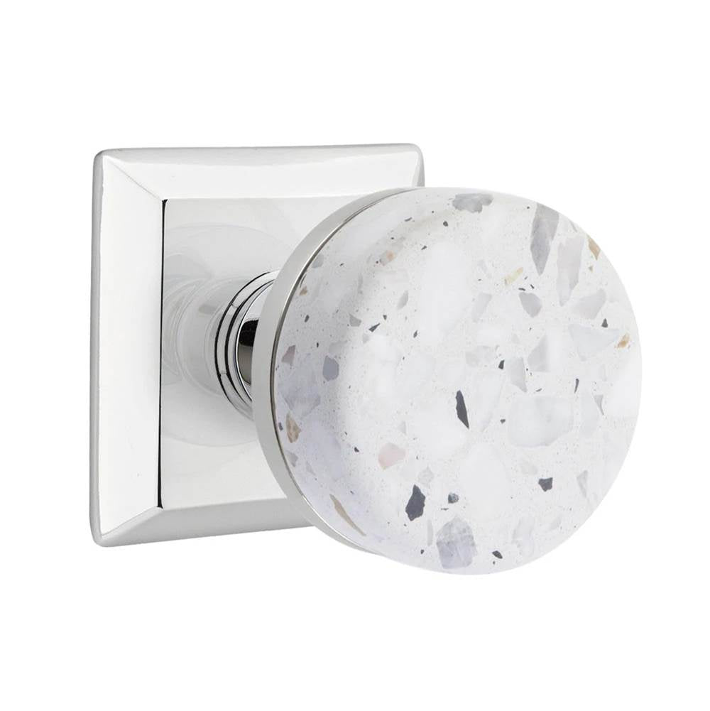 Emtek - Concealed Fastener, Select Privacy, Quincy Rosette US26, Conical Stem US26, Light Terrazzo Knob - Polished Chrome