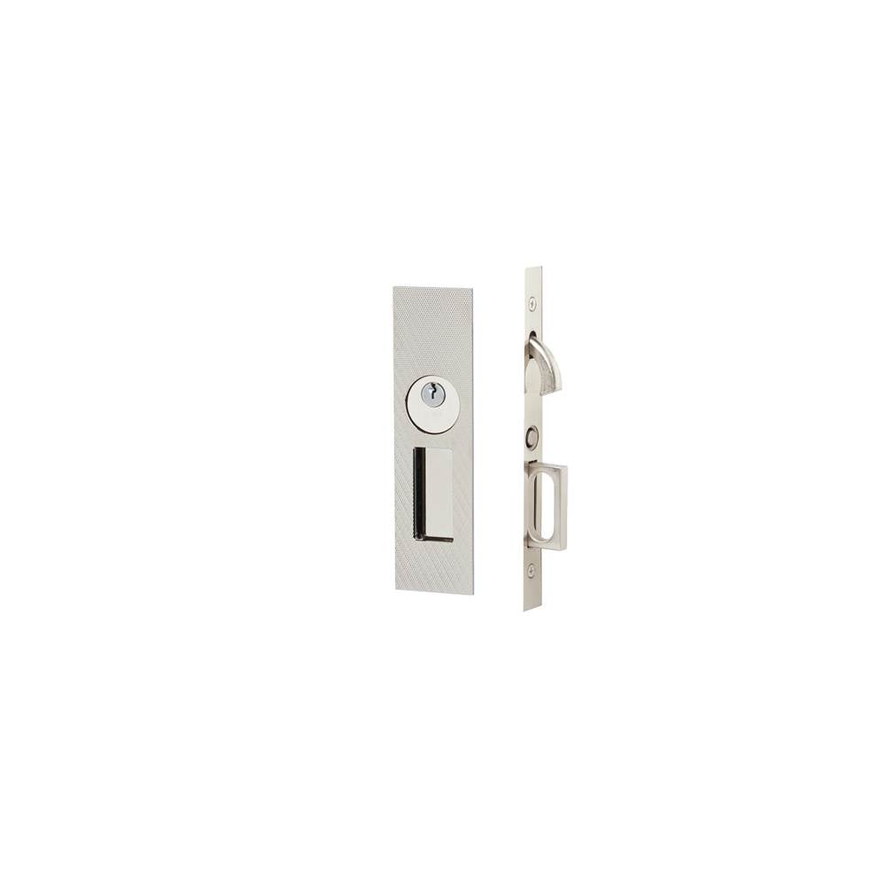 Emtek - Keyed, Knurled Narrow Modern Rectangular Pocket Door Mortise Lock, US14 - Polished Nickel