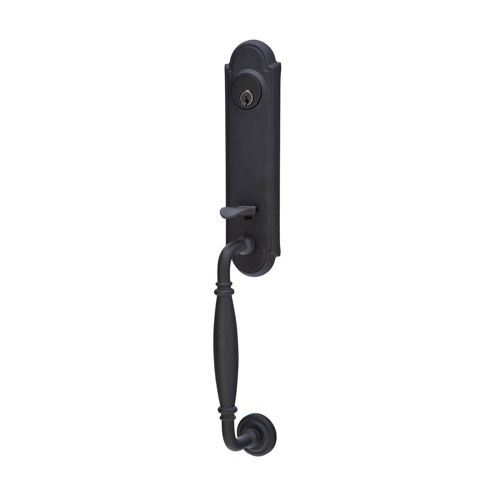 Emtek - Sgl Cyl, Monolithic with Normandy Grip Tub Ent, Jamestown Knob, FBS - Flat Black Steel