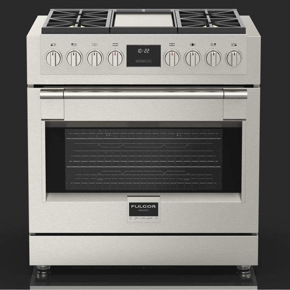 Fulgor Milano - 36'' 600 Sofia Pro Series Freestanding Stainless Steel 4 Burner And Griddle Gas Range With Electronic Oven Control - I.E. 4 All Brass Top Gas Burners + Trilaminate Griddle + Soft-Closing Door Device Electronic Thermostat - Stainless Steel