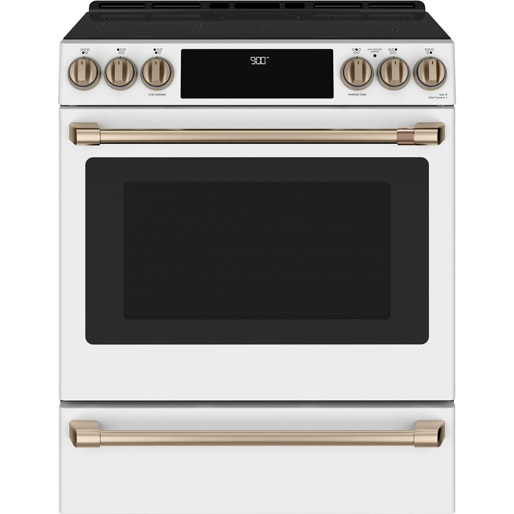 Cafe - Cafe 30'' Smart Slide-In, Front-Control, Induction and Convection Range with Warming Drawer - Matte White