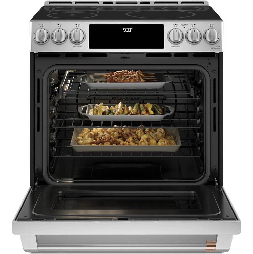 CafeE 30'' Smart Slide-In Front Control Induction and Convection Range with Warming Drawer