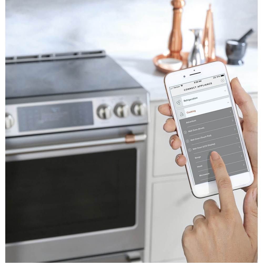 CafeE 30'' Smart Slide-In Front Control Induction and Convection Range with Warming Drawer