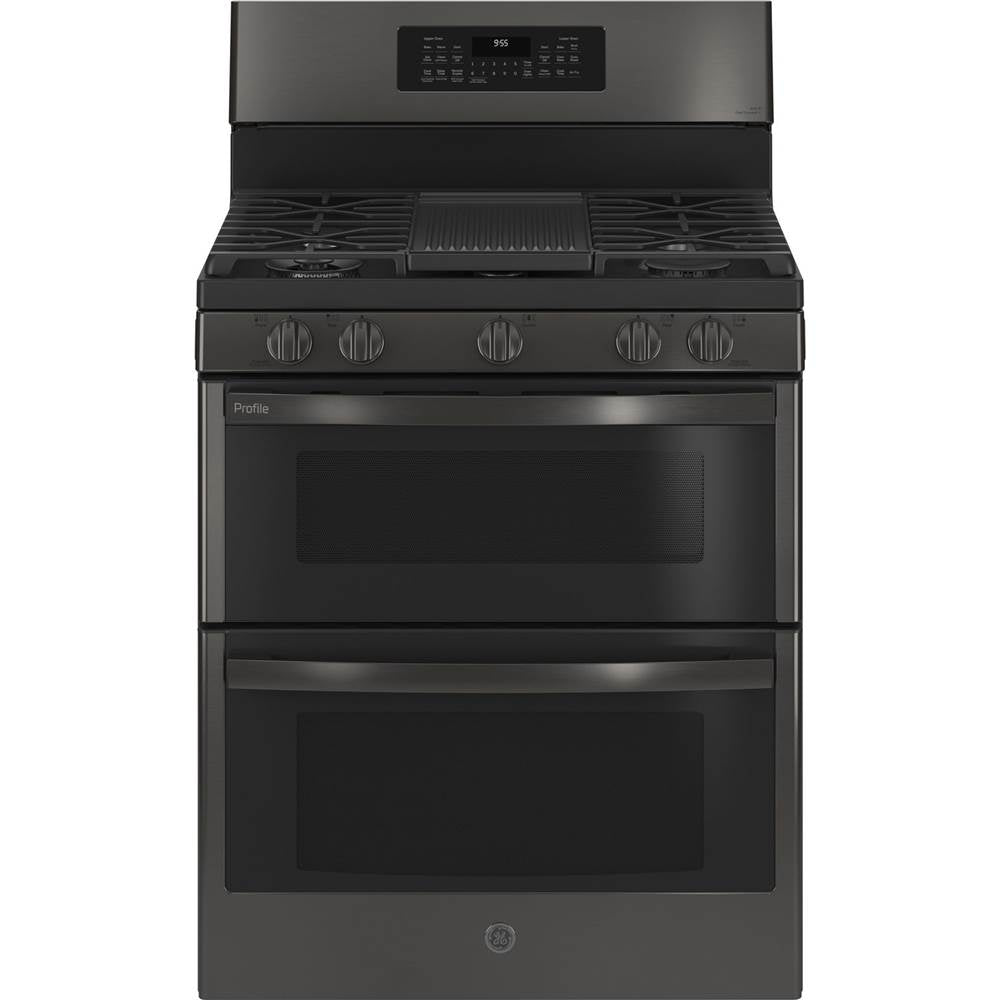 GE Profile Series - 30'' Free-Standing Gas Double Oven Convection Range With No Preheat Air Fry - Black Stainless