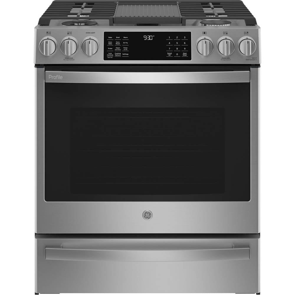 GE Profile Series - 30'' Smart Slide-In Front-Control Gas Fingerprint Resistant Range With No Preheat Air Fry - Stainless Steel