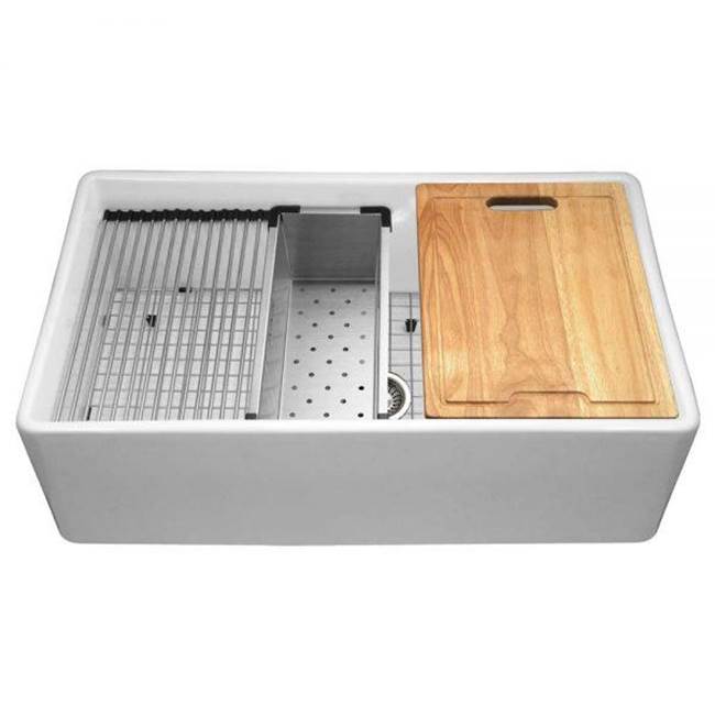 Hamat - Chelsea 33'' Apron-Front Fireclay Workstation Single Bowl Kitchen Sink, White - White