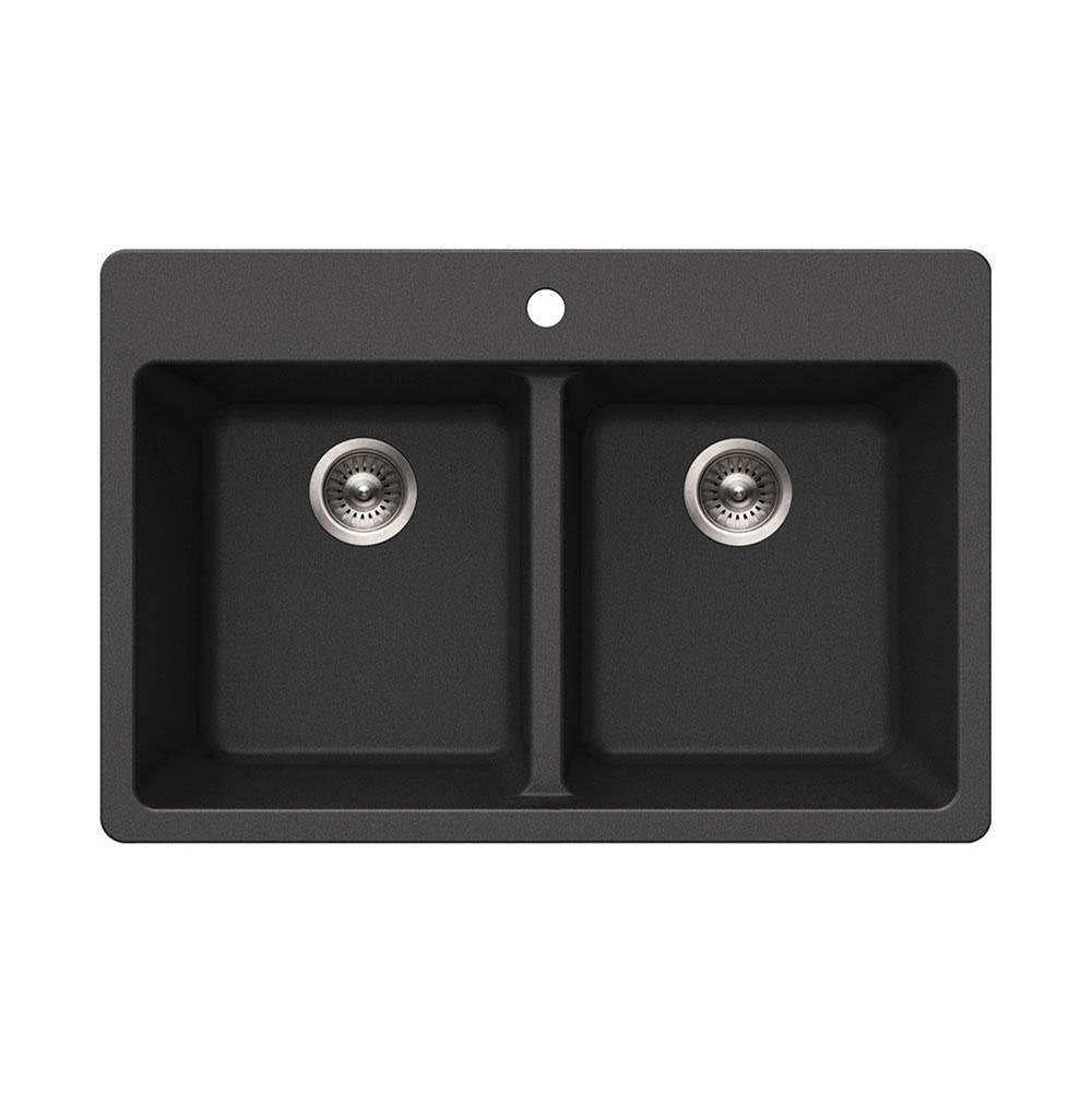 Hamat - SiOStone 33'' Granite Topmount 50/50 Double Bowl Kitchen Sink, Black - Black