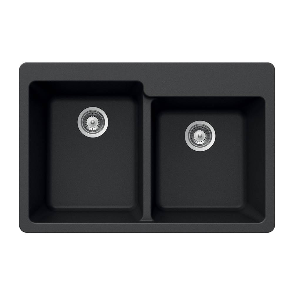 Hamat - SiOStone 33'' Granite Topmount 60/40 Double Bowl Kitchen Sink, Black - Sand