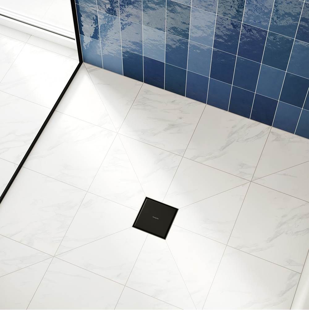 RainDrain Brilliance Point Drain Set 4''x 4'' Trim Tileable Rear Cover and Rough in Matte Black