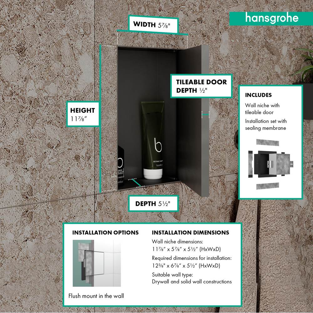 XtraStoris Rock Wall Niche with Tileable Door 12''x 6''x 5.5'' in Matte Black