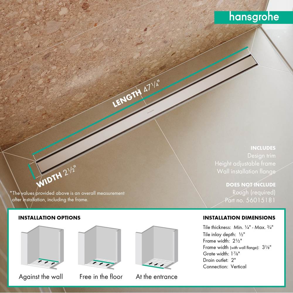 RainDrain Match Trim for 47 1/4'' Rough with Height Adjustable Frame in Chrome