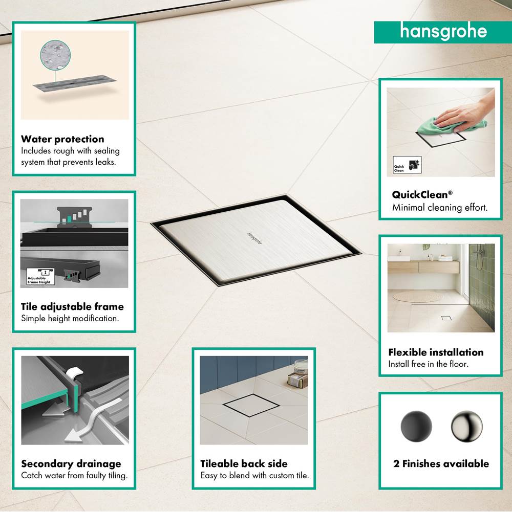 RainDrain Brilliance Point Drain Set 6''x 6'' Trim Tileable Rear Cover and Rough in Matte Black