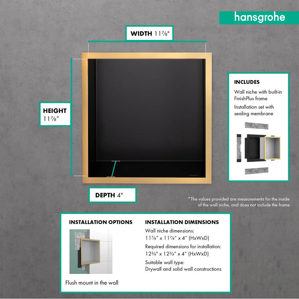 XtraStoris Individual Wall Niche Matte Black with Design Frame 12''x 12''x 4'' in Brushed Bronze