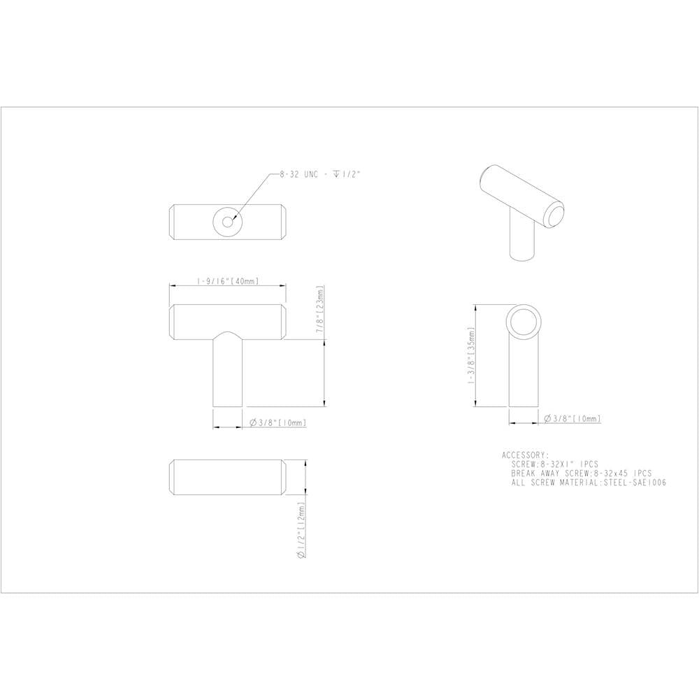 1-9/16'' Overall Length Brushed Gold Naples Cabinet ''T'' Knob