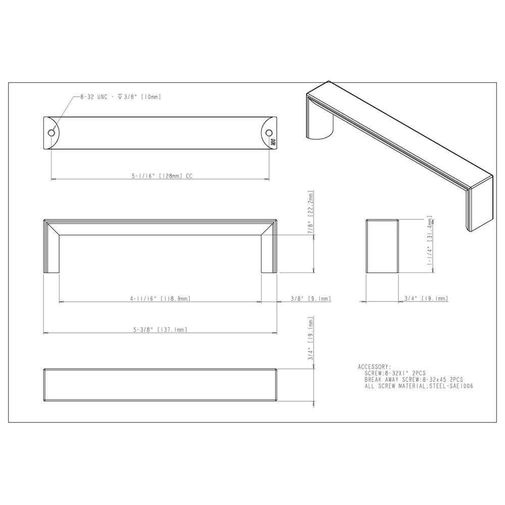 128 mm Center-to-Center Brushed Gold Walker 1 Cabinet Pull