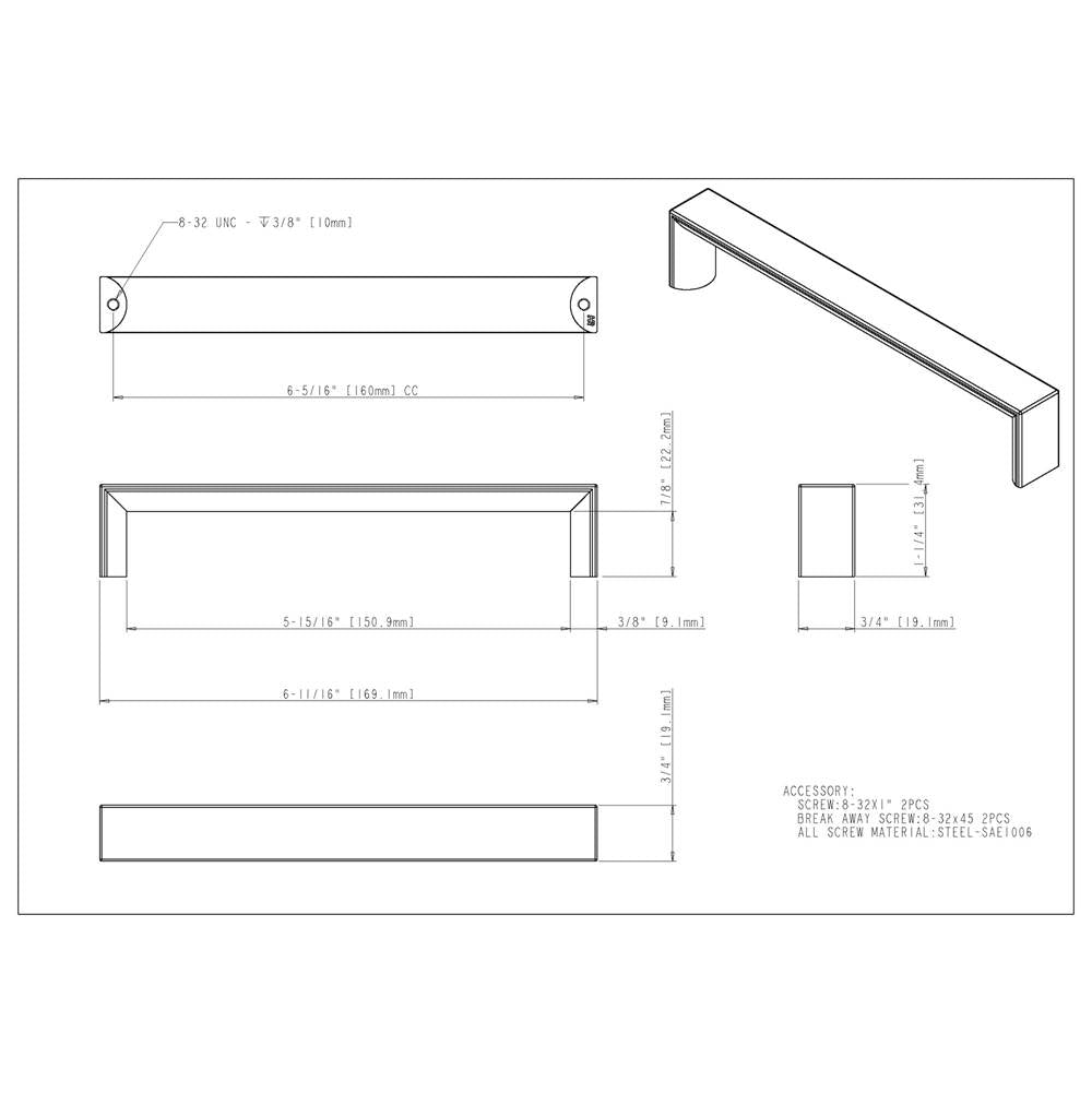 160 mm Center-to-Center Brushed Gold Walker 1 Cabinet Pull