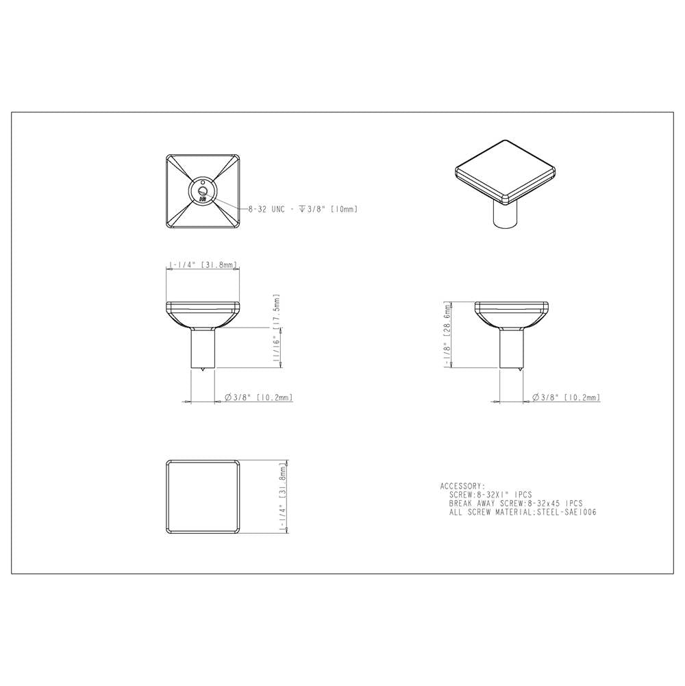 1-1/4'' Overall Length Brushed Gold Walker 1 Square Knob
