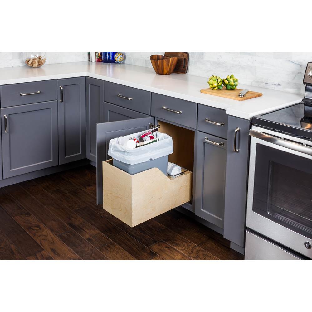 Single 35 Quart Wood Bottom-Mount Soft-close Trashcan Rollout for Hinged Doors, Includes Black Can