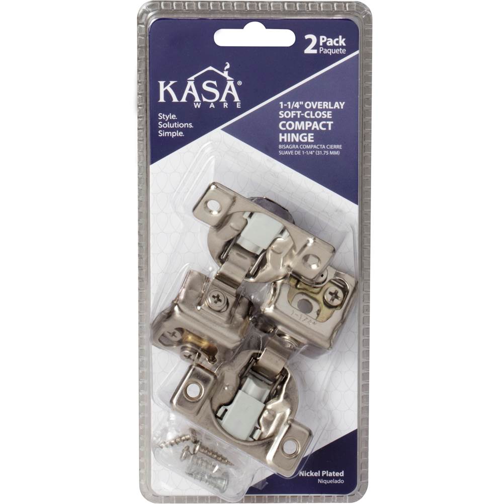 2-pack of 1-1/4'' Overlay Soft-close Compact Hinges. Screws a