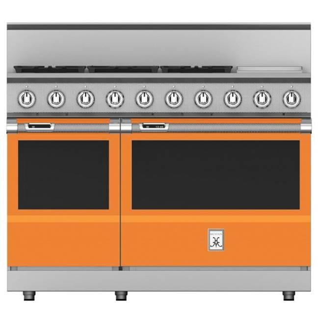 Hestan - Range, 5 Burner with Griddle, Dual Fuel, 48'' - Citra Orange