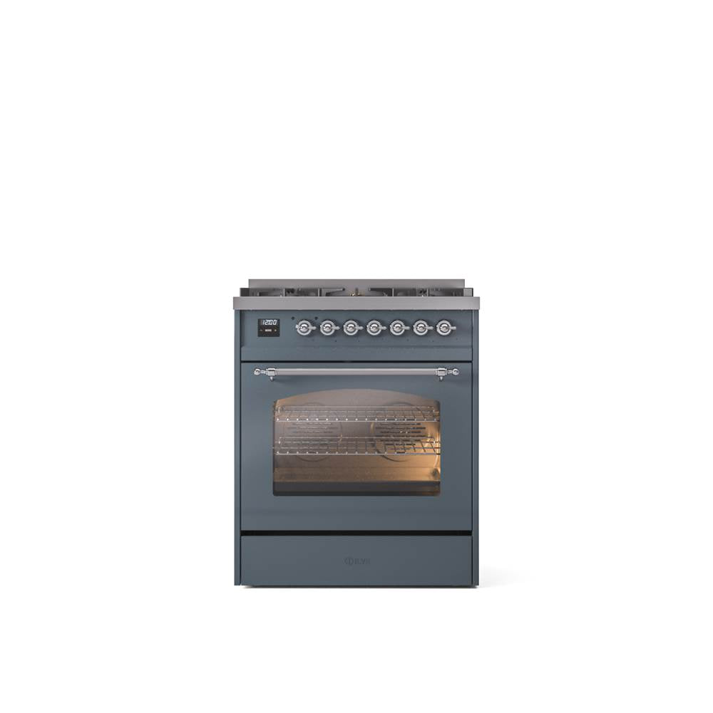 ILVE - 30'' Nostalgie II Series Freestanding Dual Fuel Range - Blue Grey - Chrome trim- Natural Gas - Chrome