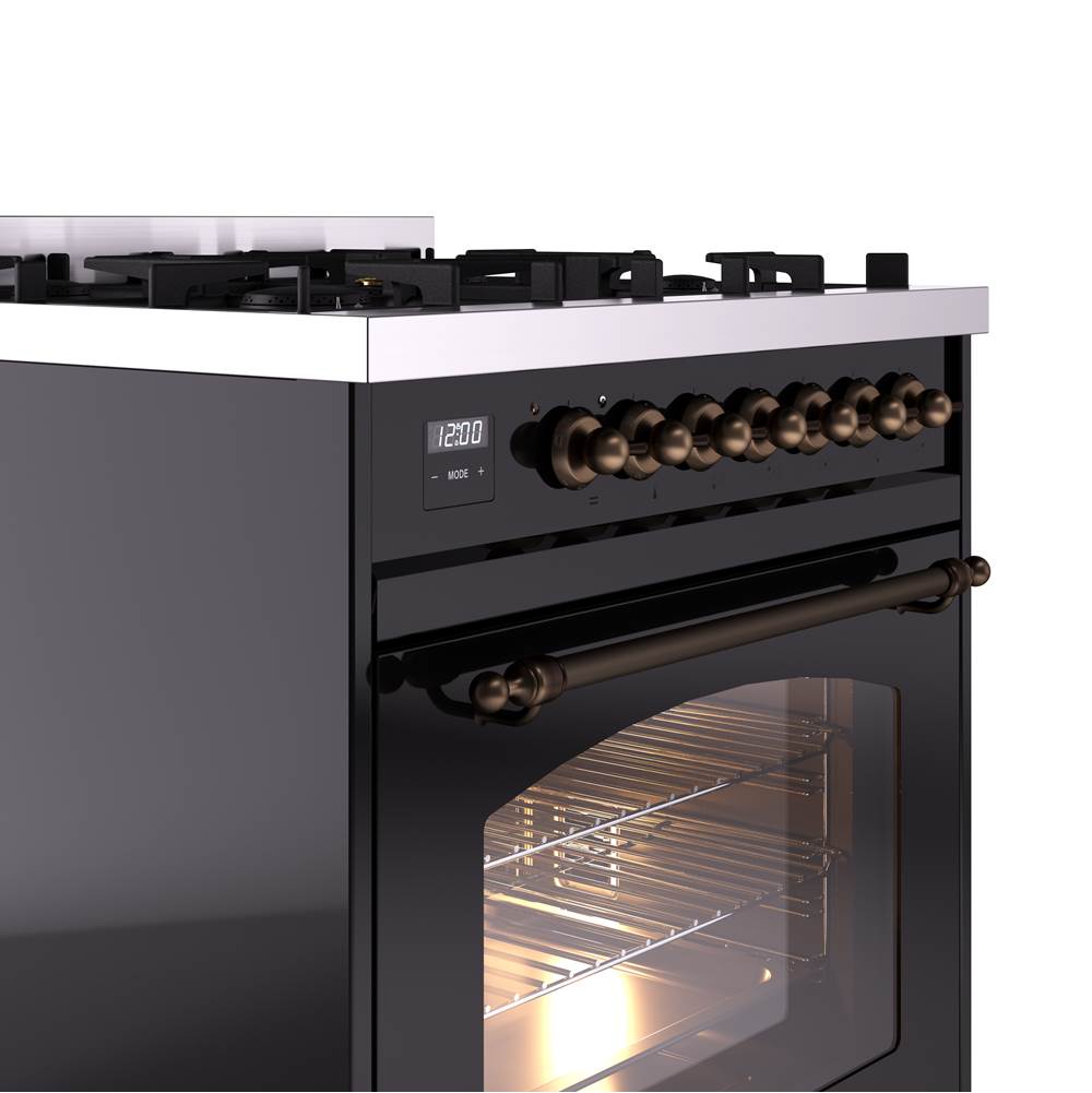 30'' Nostalgie II Series Freestanding Dual Fuel Range - Glossy Black - Bronze trim- Natural Gas