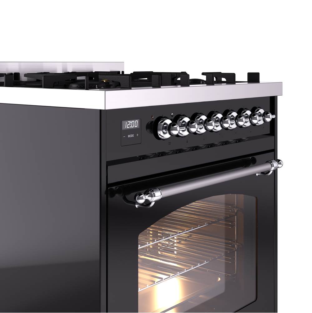 30'' Nostalgie II Series Freestanding Dual Fuel Range - Glossy Black - Bronze trim- Natural Gas