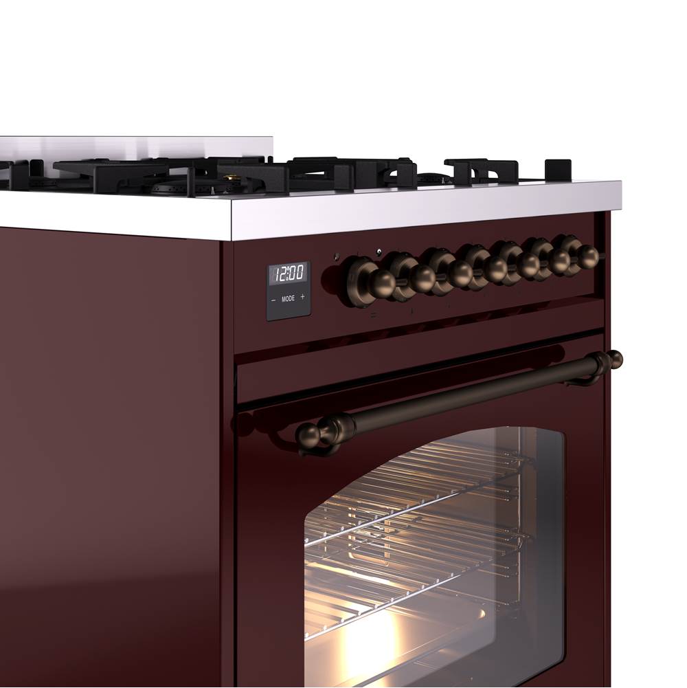 30'' Nostalgie II Series Freestanding Dual Fuel Range - Burgundy - Bronze trim- Natural Gas